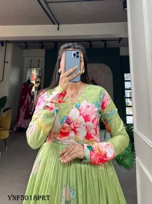 Parrot Green Floral Printed Tussar Silk Readymade Gown