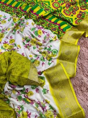 Parrot Green Flower Printed Dola Silk Saree With Jacquard Border