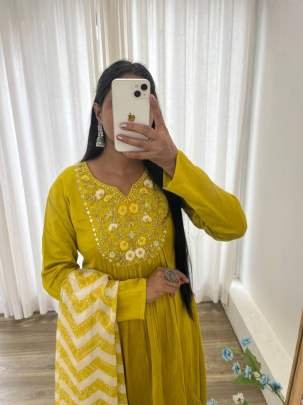 Parrot Green New Party Wear Look Pure Muslin SIlk Gown Dupatta Set