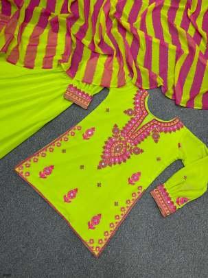 Parrot Green Real Mirror Hand work Top And Plazzo Set With Full Sleeve