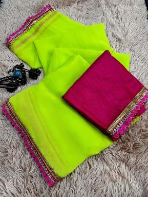 Parrot Green Soft Georgette Saree With Sabyasanchi Lace