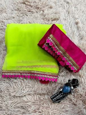 Parrot Green Soft Georgette Saree With Sabyasanchi Lace