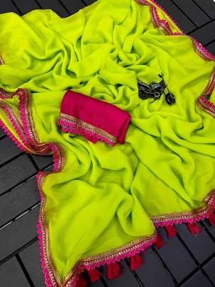 Parrot Green Soft Georgette Saree With Sabyasanchi Lace