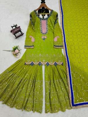 Parrot Wedding Wear Designer Faux Georgette Sharara Suits