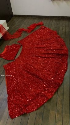 Party Special Velvet Sequence Red Lehenga Choli With Ruffle Dupatta