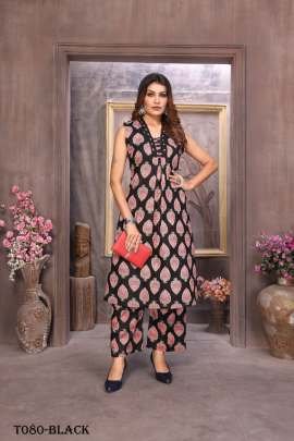 Party Wear A Line Delight Black Cotton Kurti With Palazzo Set
