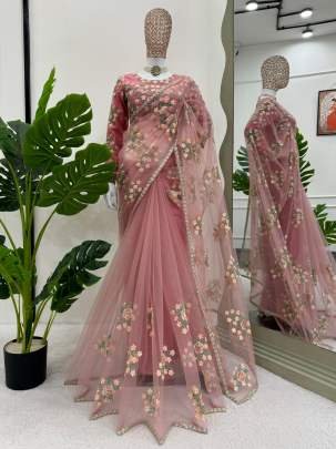 Party Wear Baby Pink Sequins Work Net Saree