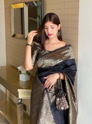 Party Wear Banarasi  Lichi Silk Black Saree