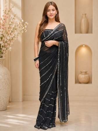 Party Wear Black Colour Real Mirror Work Saree