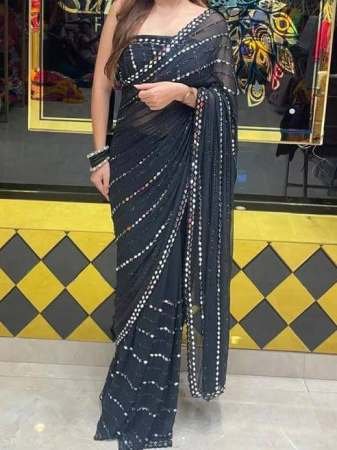 Party Wear Black Colour Real Mirror Work Saree