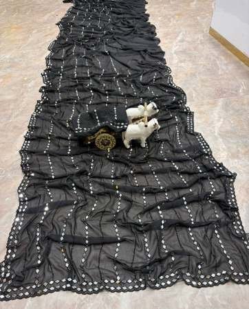 Party Wear Black Colour Real Mirror Work Saree