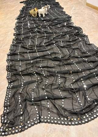 Party Wear Black Colour Real Mirror Work Saree