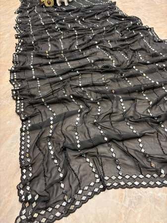 Party Wear Black Colour Real Mirror Work Saree