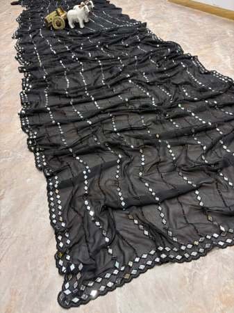 Party Wear Black Colour Real Mirror Work Saree