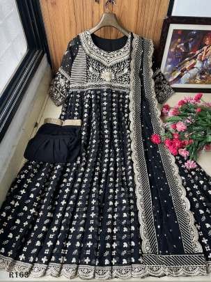Party Wear Black Embroidered Georgette Gown With Pant And Designer Dupatta