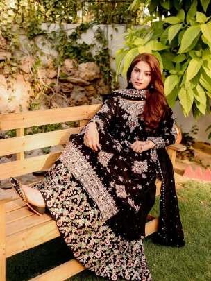 Party Wear Black Embroidery Work Sharara Suits