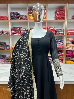 Party Wear Black Gown With Embroidery Work Dupatta