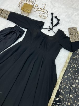 Party Wear Black Gown With Embroidery Work Dupatta