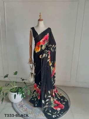 Party Wear Black Print Work Organza Saree With Blouse
