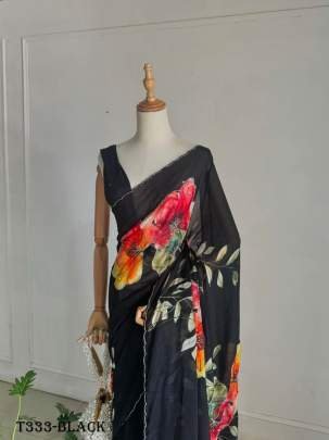 Party Wear Black Print Work Organza Saree With Blouse