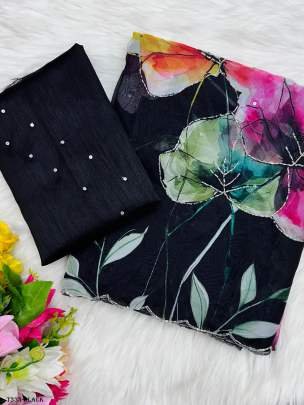 Party Wear Black Print Work Organza Saree With Blouse