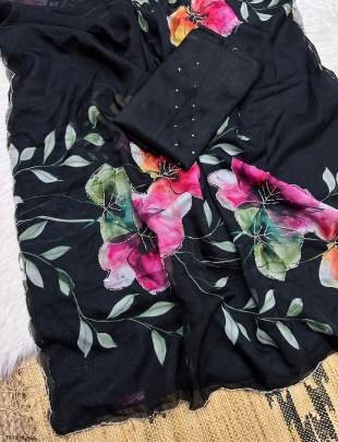 Party Wear Black Print Work Organza Saree With Blouse