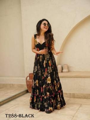 Party Wear Black Muslin Flower Print Dress