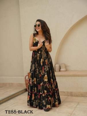 Party Wear Black Muslin Flower Print Dress