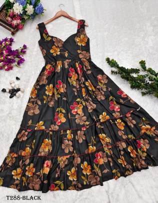Party Wear Black Muslin Flower Print Dress