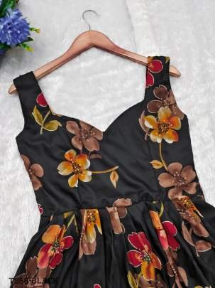 Party Wear Black Muslin Flower Print Dress