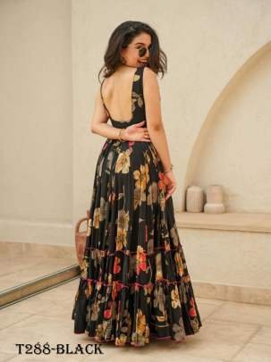 Party Wear Black Muslin Flower Print Dress