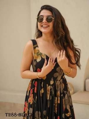 Party Wear Black Muslin Flower Print Dress