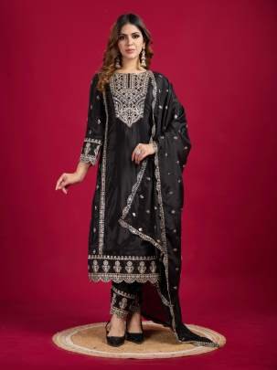 Party Wear Black Original Khatli Work Chinon Silk Kurtis Set