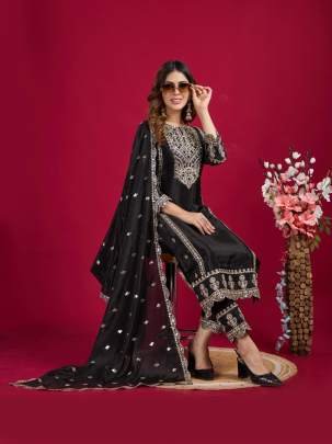 Party Wear Black Original Khatli Work Chinon Silk Kurtis Set