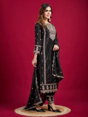 Party Wear Black Original Khatli Work Chinon Silk Kurtis Set