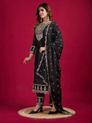 Party Wear Black Original Khatli Work Chinon Silk Kurtis Set