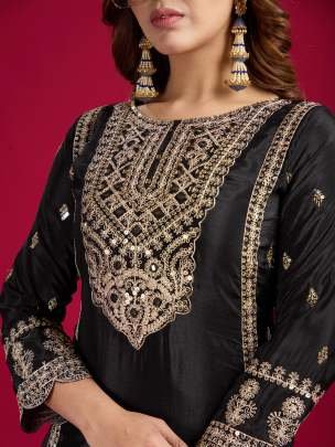 Party Wear Black Original Khatli Work Chinon Silk Kurtis Set