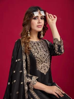 Party Wear Black Original Khatli Work Chinon Silk Kurtis Set