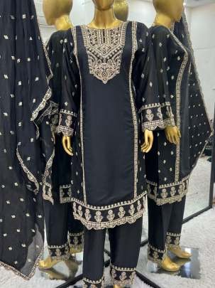 Party Wear Black Original Khatli Work Chinon Silk Kurtis Set