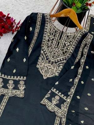 Party Wear Black Original Khatli Work Chinon Silk Kurtis Set
