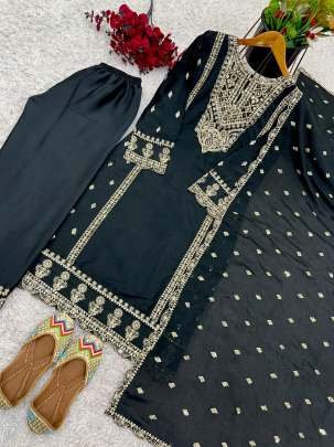 Party Wear Black Original Khatli Work Chinon Silk Kurtis Set