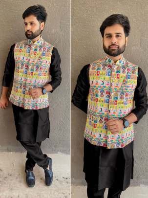 Party Wear Black Plain Silk Men Kurta Set With Koti