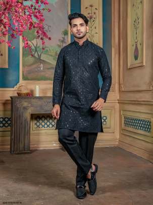 Party Wear Black Sequince Men Kurta Payjama Set