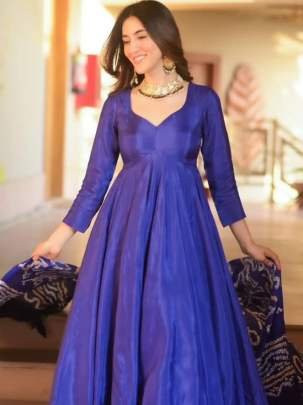 Party Wear Blue Chinon Silk Anarkali Style Suit