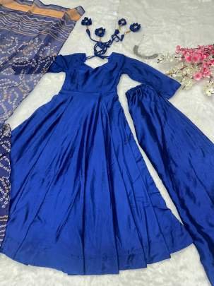Party Wear Blue Chinon Silk Anarkali Style Suit