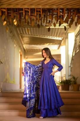Party Wear Blue Chinon Silk Anarkali Style Suit
