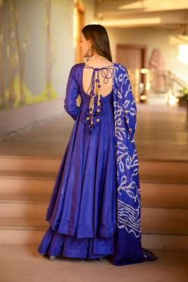 Party Wear Blue Chinon Silk Anarkali Style Suit