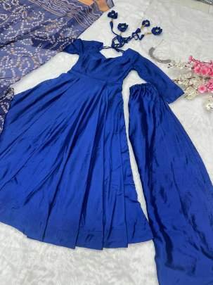 Party Wear Blue Chinon Silk Anarkali Style Suit