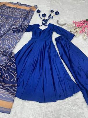 Party Wear Blue Chinon Silk Anarkali Style Suit