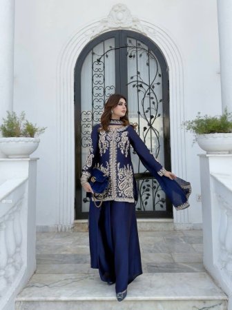 Party Wear Blue Rangoli Silk Plazzo Suit Set